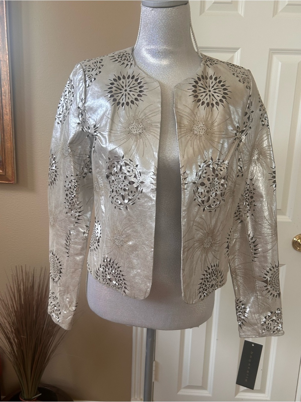 bagatelle Leather Metallic Silver Floral Cutout Open-Front Jacket